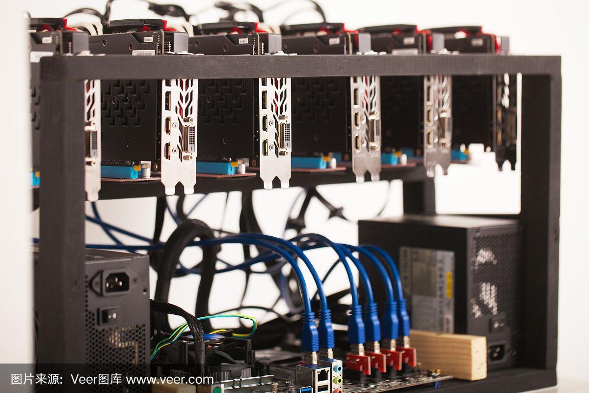 A high-density cryptocurrency mining rig showcases the hardware intensity required for successful blockchain operation.
